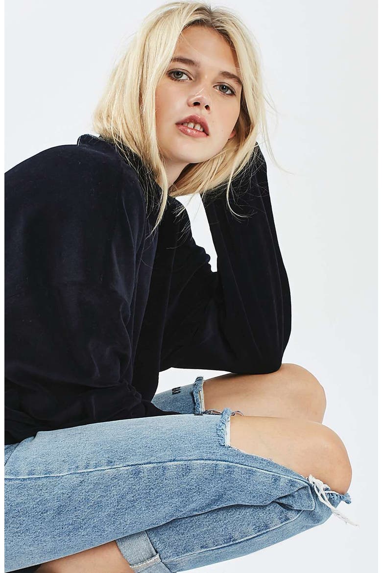 Embroidered Slogan Ripped Jeans, Alternate, color, LIGHT BLUE