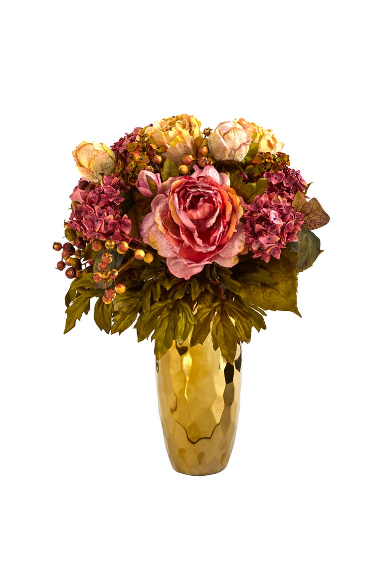19-in Peony Artificial Arrangement in Gold Vase, Main, color, Pink