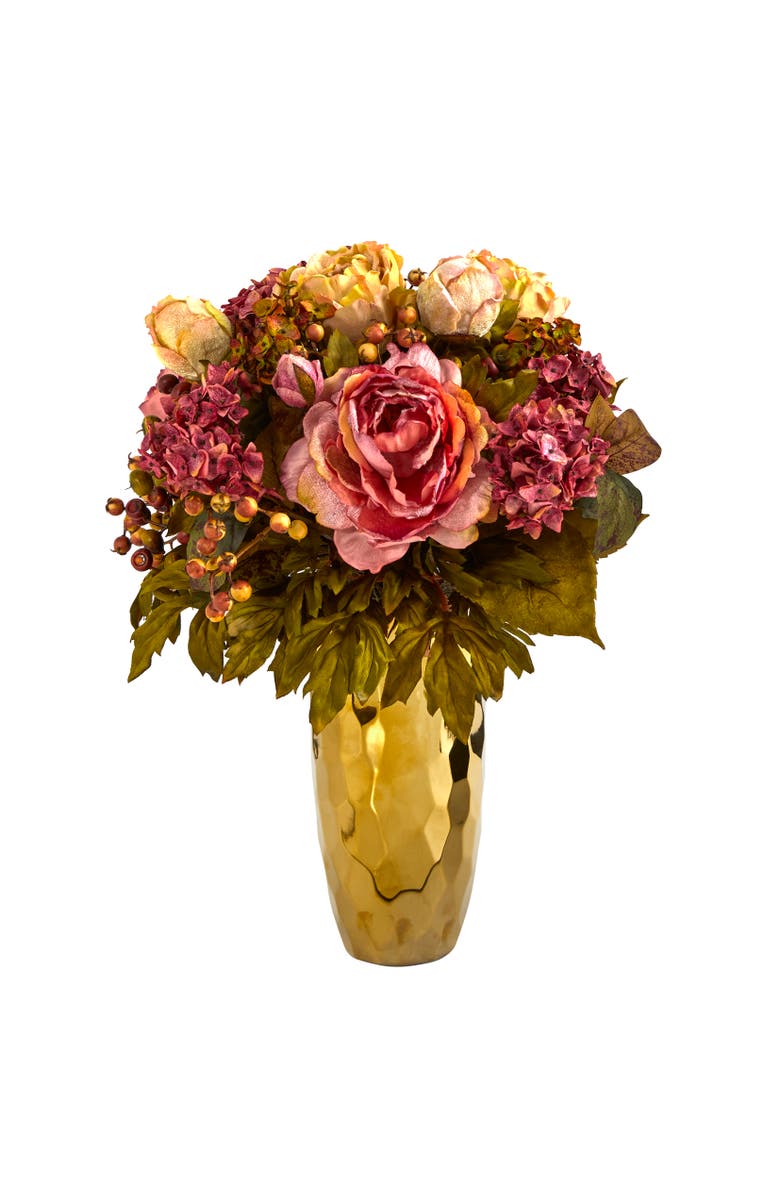 NEARLY NATURAL 19-in Peony Artificial Arrangement in Gold Vase, Main, color, Pink