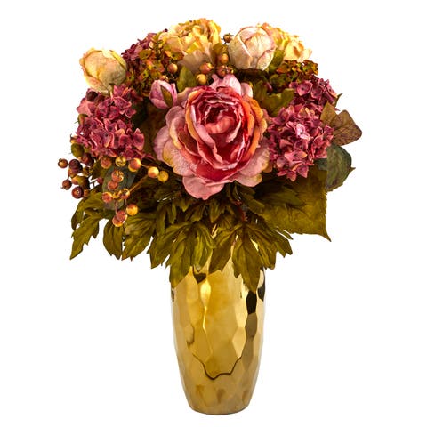 19-in Peony Artificial Arrangement in Gold Vase