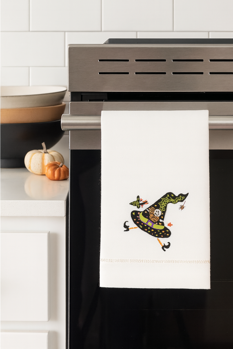 Ms. Muffet Cream & Black Witch Hat Halloween Flour Sack Embroidered Dish Towel, Alternate, color, Black