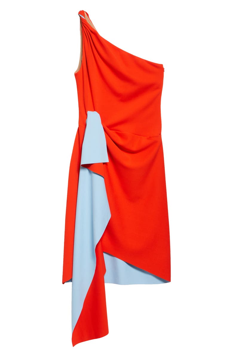 Oscar de la Renta Drape Front One Shoulder Double Face Jersey Dress, Alternate, color, Carnelian/ Blue