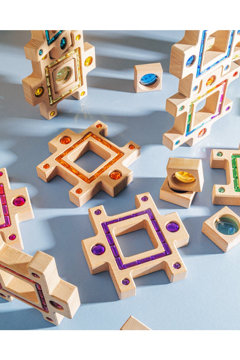 Busy Large Interlocking Wooden Building Blocks with Acrylic Inlays - 16 Pieces, Alternate, color, Multicolor