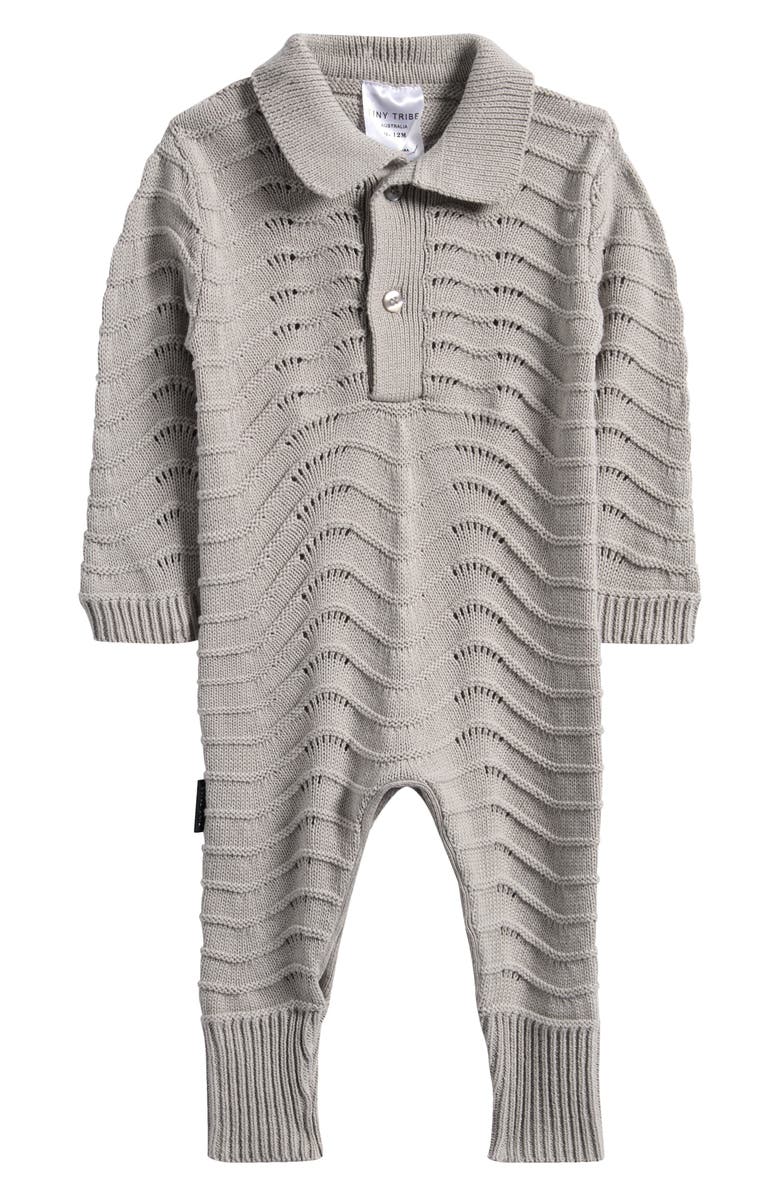 TINY TRIBE Cotton Pointelle Romper, Main, color, Grey