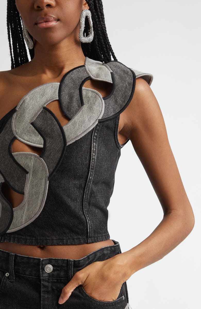 Area Chain Cutout One-Shoulder Denim Crop Top, Alternate, color, Grey Multi