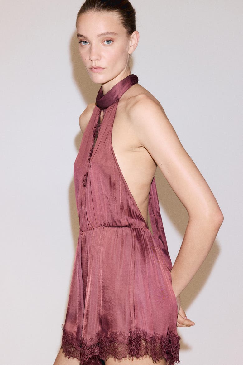 Lace-trimmed Halterneck Romper, Alternate, color, Rust red