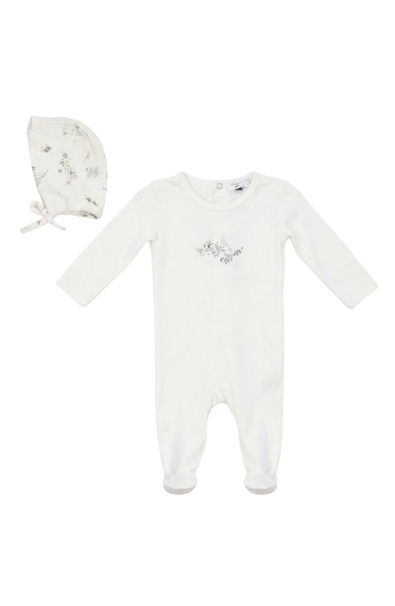 Little Fragile Bird & Floral Chest Detail Bonnet Romper Set, Main, color, Powder