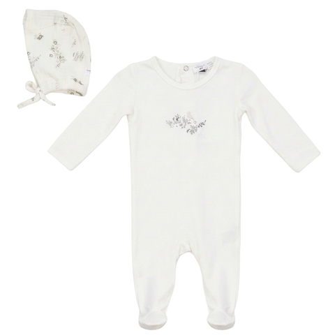 Bird & Floral Chest Detail Bonnet Romper Set (Baby)