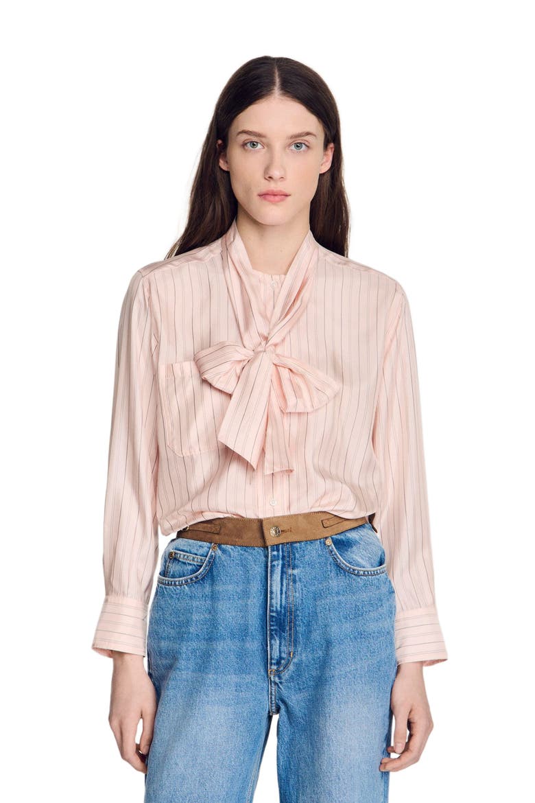 Striped tie-neck shirt, Main, color, Light pink