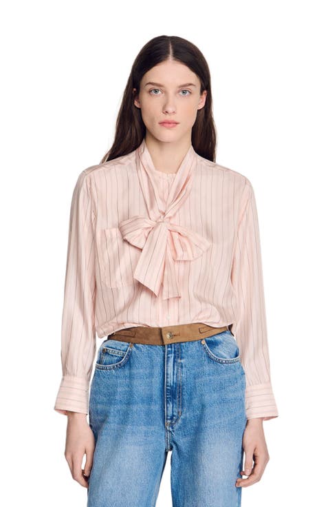 Striped tie-neck shirt