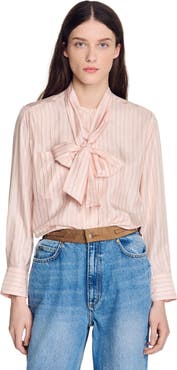 SANDRO Striped tie-neck shirt