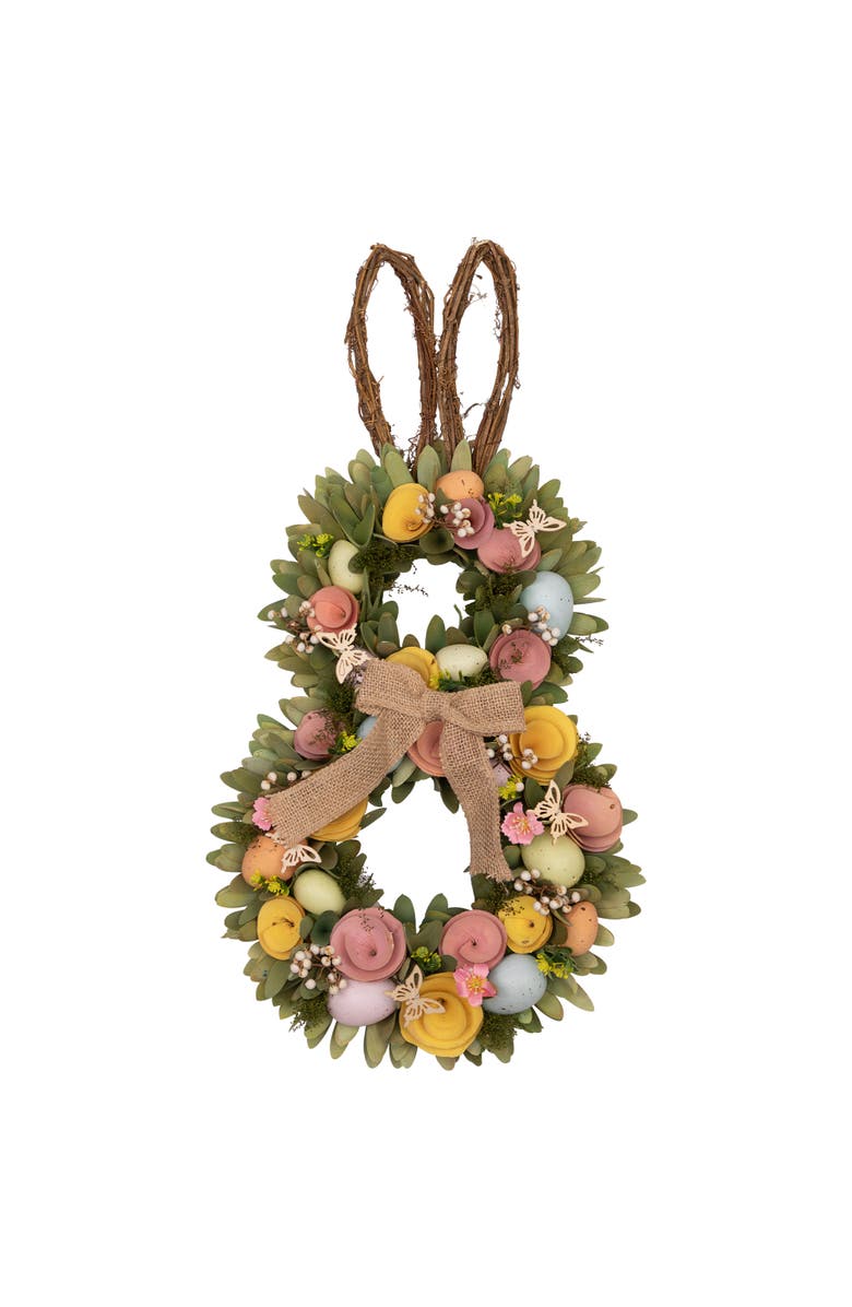 Northlight Shaved Wood Flowers Bunny Rabbit Silhouette Easter Wreath - 24", Main, color, Multi