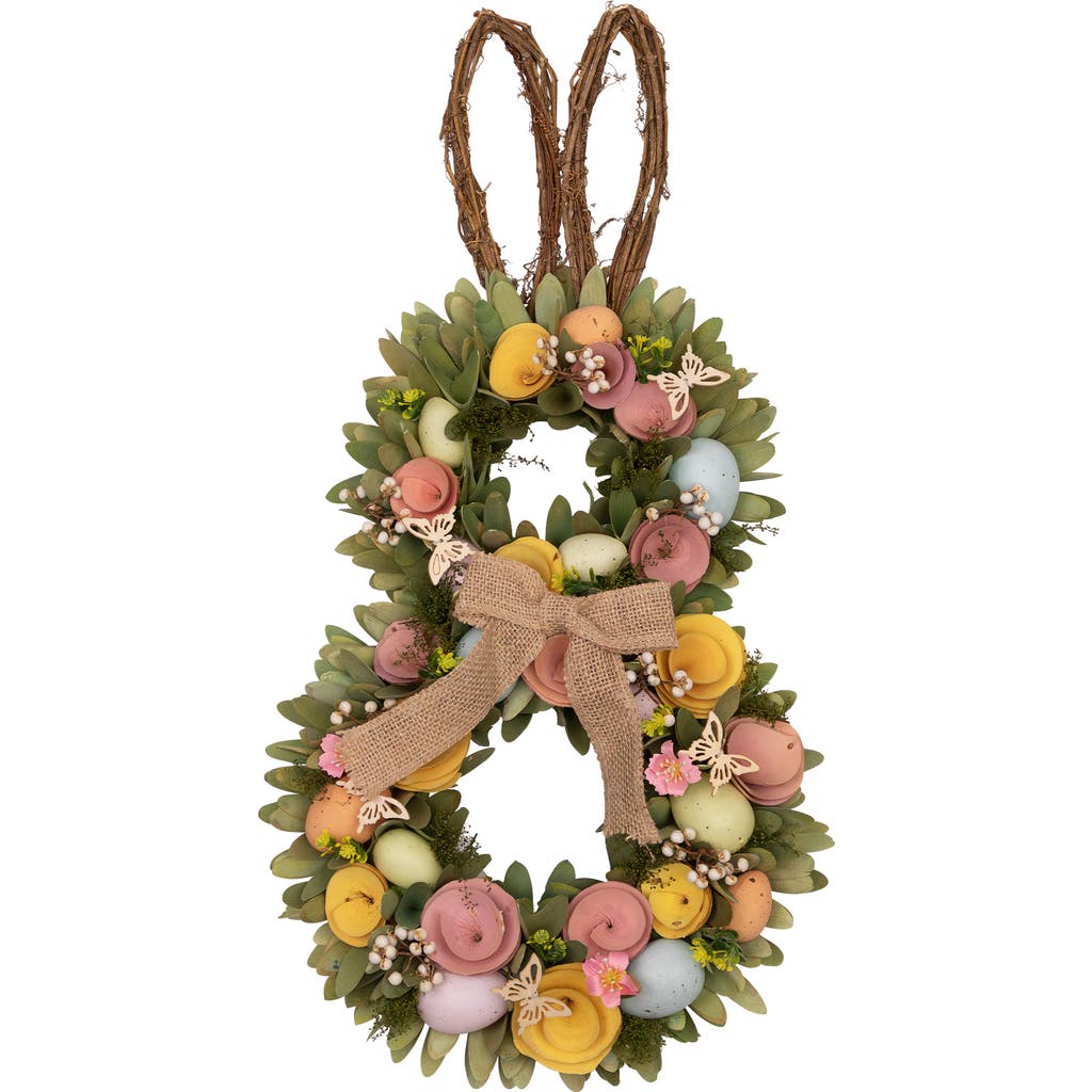 Northlight Shaved Wood Flowers Bunny Rabbit Silhouette Wreath In Multi