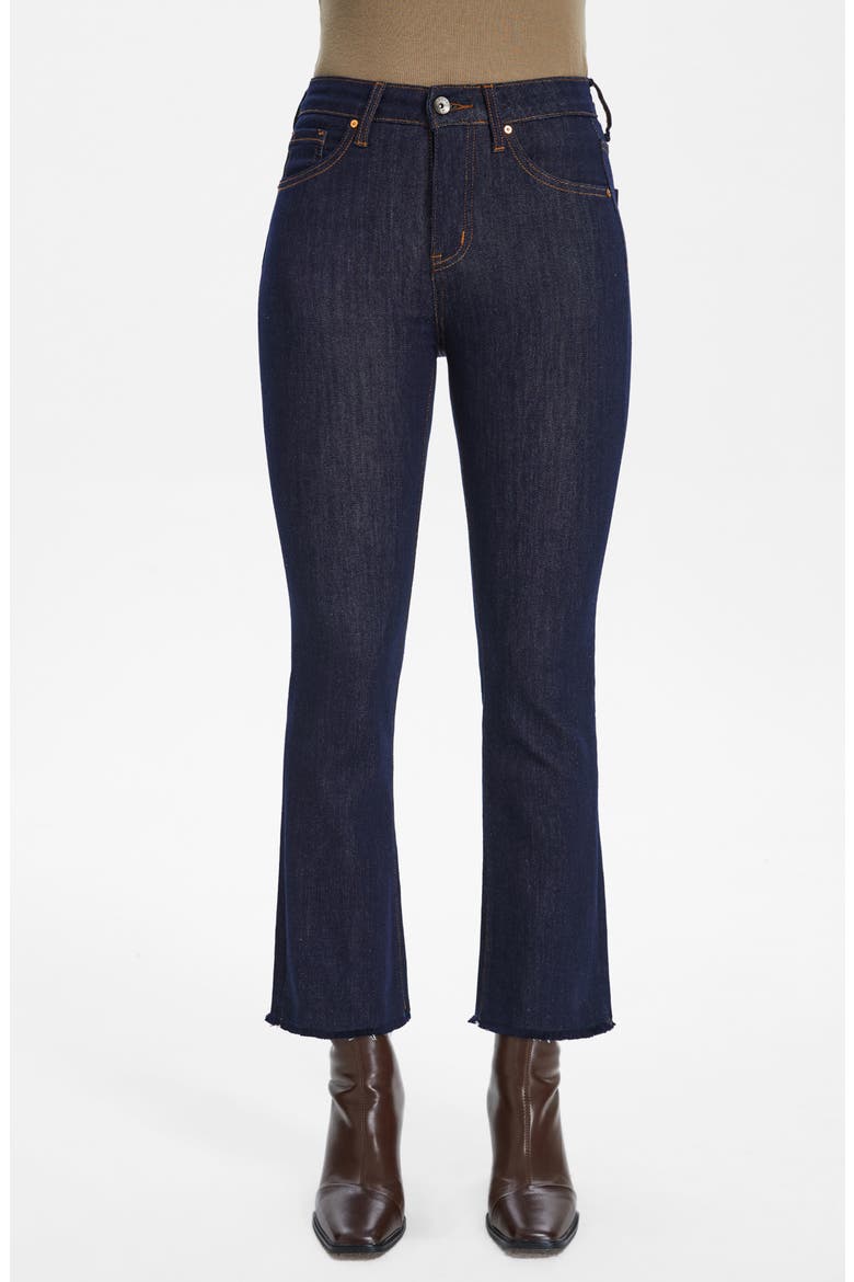 Raw Hem Mid Rise Ankle Straight Leg Jeans, Main, color, DARK BLUE