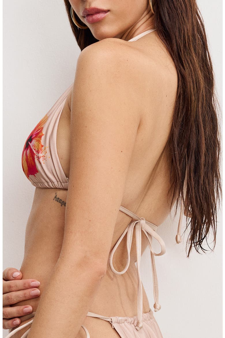 Satin Tiny Ties Triangle Bikini Top, Alternate, color, CHAMPAGNE TROPICAL HIBISCUS001