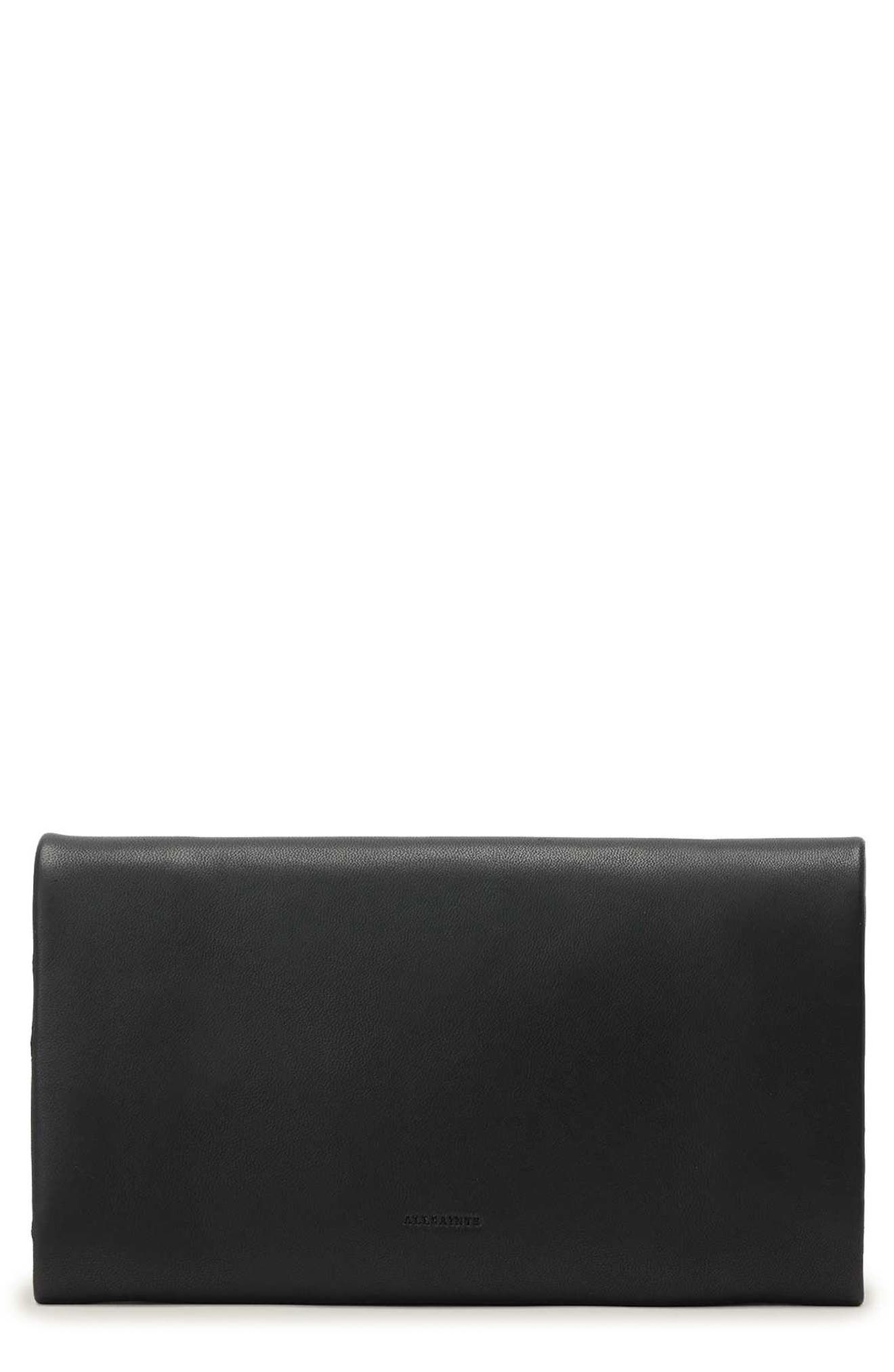 Harluna Leather Clutch, Main, color, BLACK/ SILVER