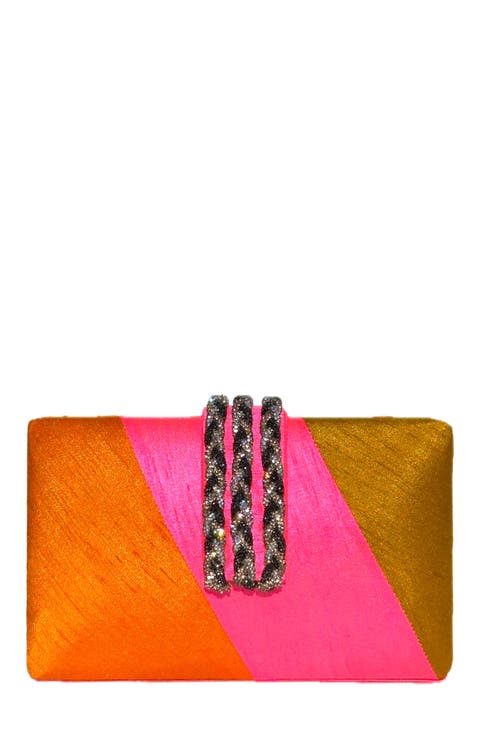 Diagonal Color Block Braided Fringe Clutch