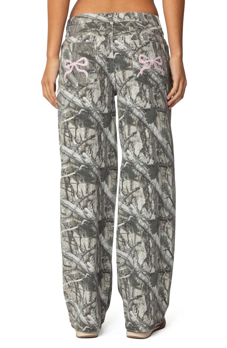 EDIKTED Camo Print Bow Pocket Low Rise Wide Leg Jeans, Alternate, color, Olive