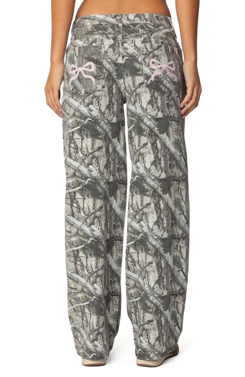 Shop Edikted Camo Print Bow Pocket Low Rise Wide Leg Jeans In Olive