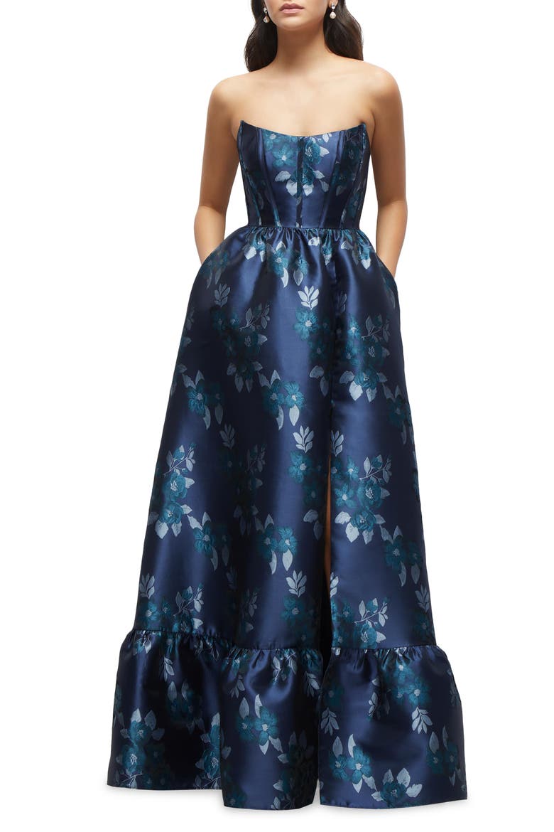 Damask Strapless Gown, Main, color, MIDNIGHT NAVY DAMASK