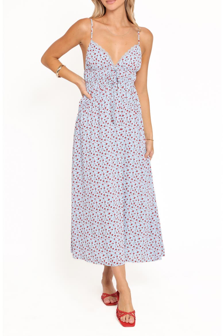Freesia Ditsy Floral Deep V-Neck Midi Dress, Main, color, BLUE RED FLORAL