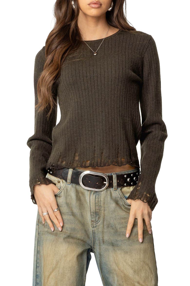 Distressed Rib Sweater, Main, color, OLIVE