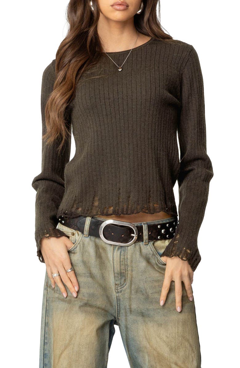 EDIKTED Distressed Rib Sweater, Main, color, Olive