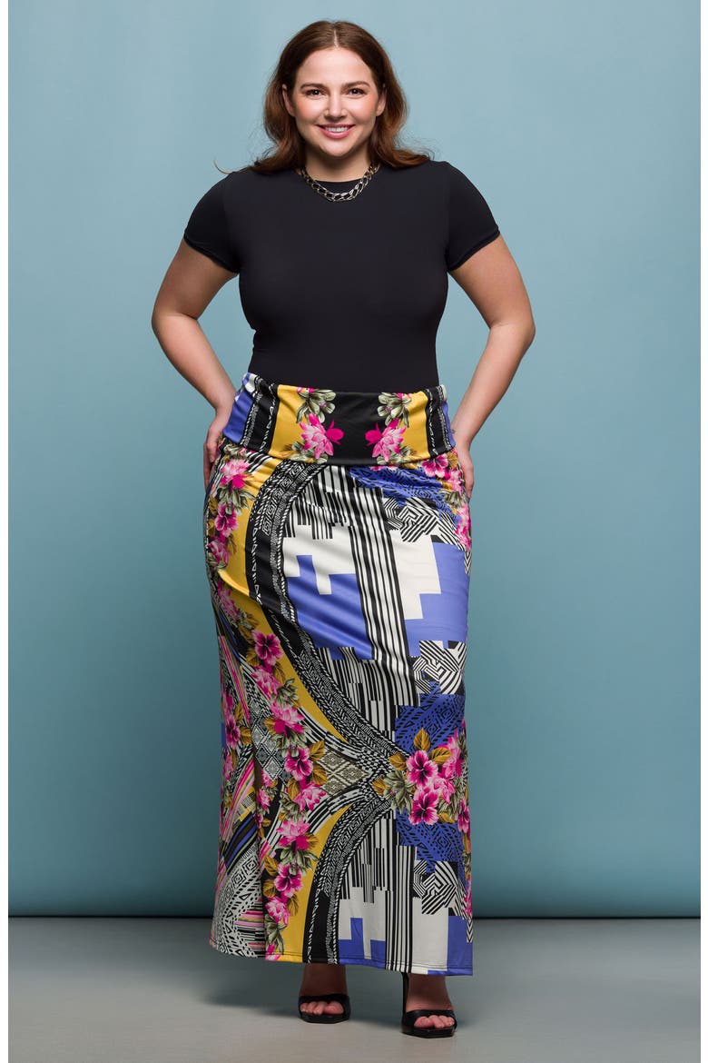 Print Foldover Waist Maxi Skirt, Alternate, color, BLUE MULTI