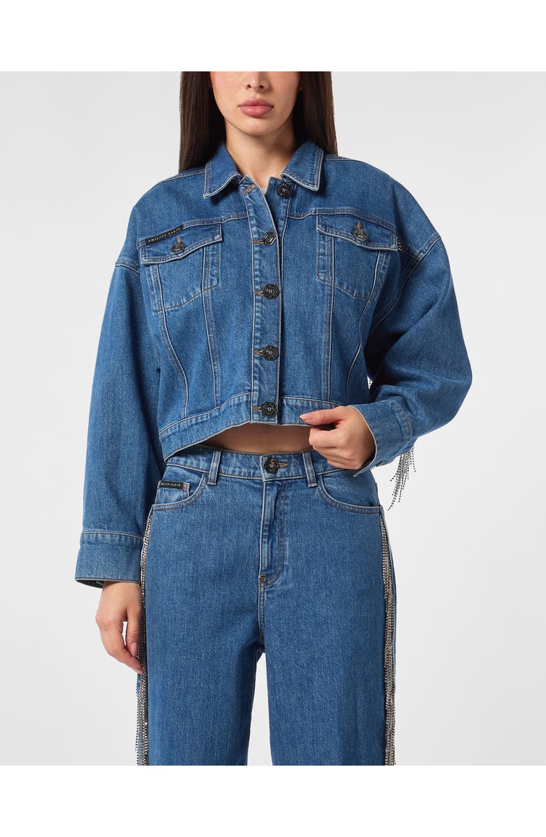 PHILIPP PLEIN Denim Cropped Jacket Crystal Fringes Women, Main, color, Monte Carlo