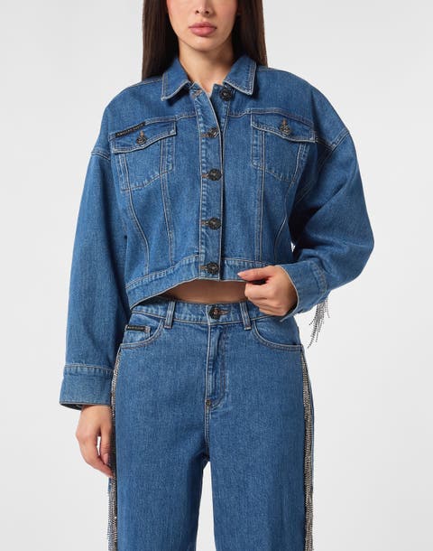 Denim Cropped Jacket Crystal Fringes Women