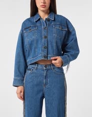 PHILIPP PLEIN Denim Cropped Jacket Crystal Fringes Women