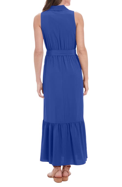 London Times Sleeveless Belted Maxi Shirtdress In Blue