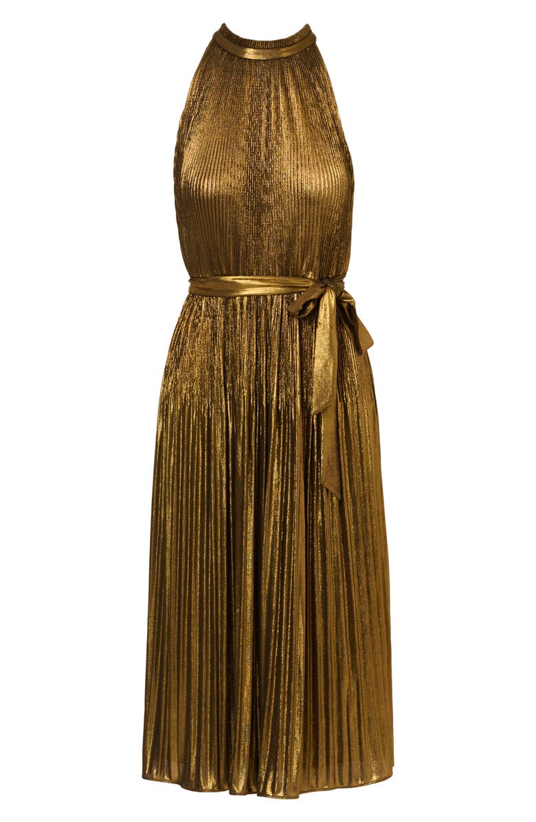 Adrianna Papell Metallic Pleated Tie Belt Midi Dress, Alternate, color, 