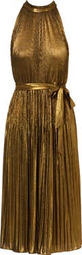 Adrianna Papell Pleated Metallic Midi Dress
