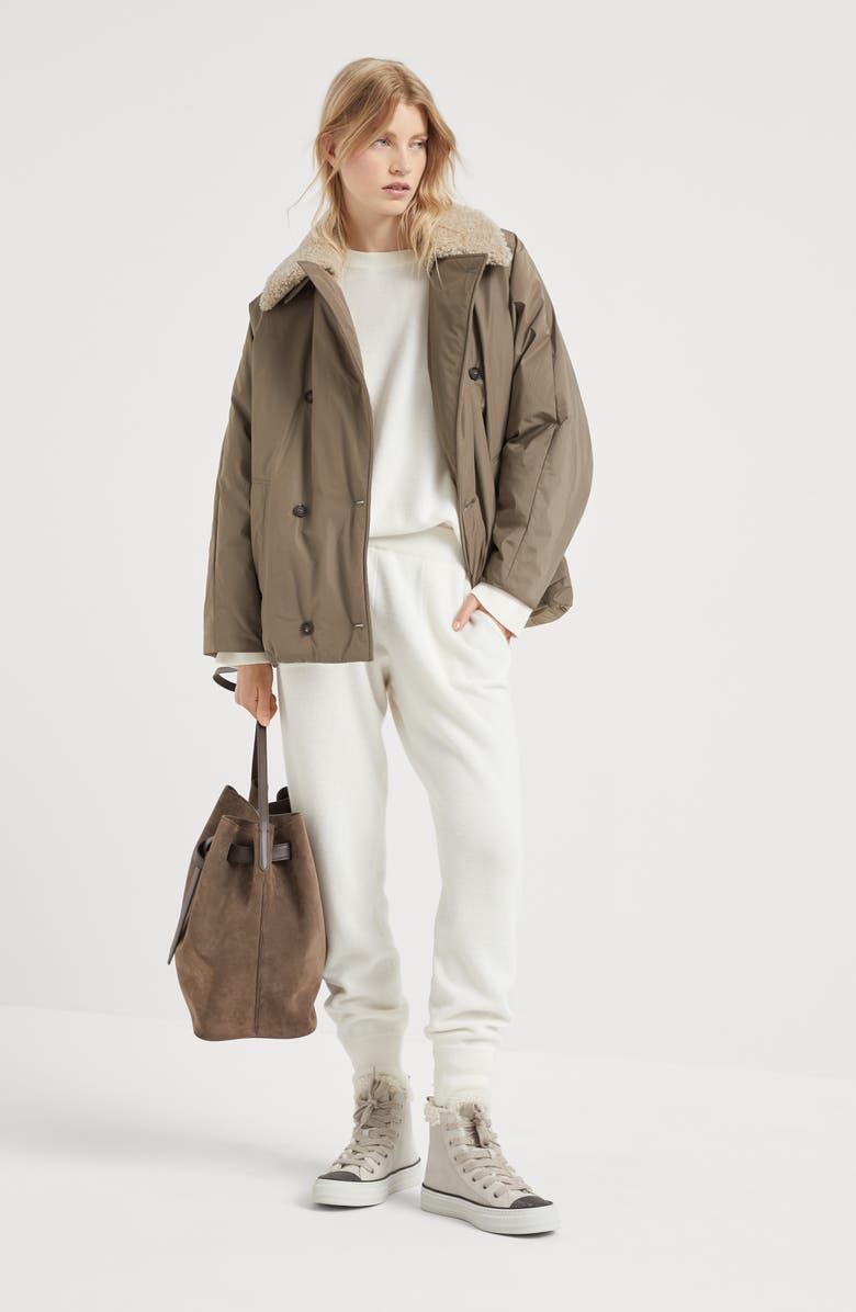 Brunello Cucinelli Water-resistant taffeta down jacket with detachable shearling collar and monili, Alternate, color, 