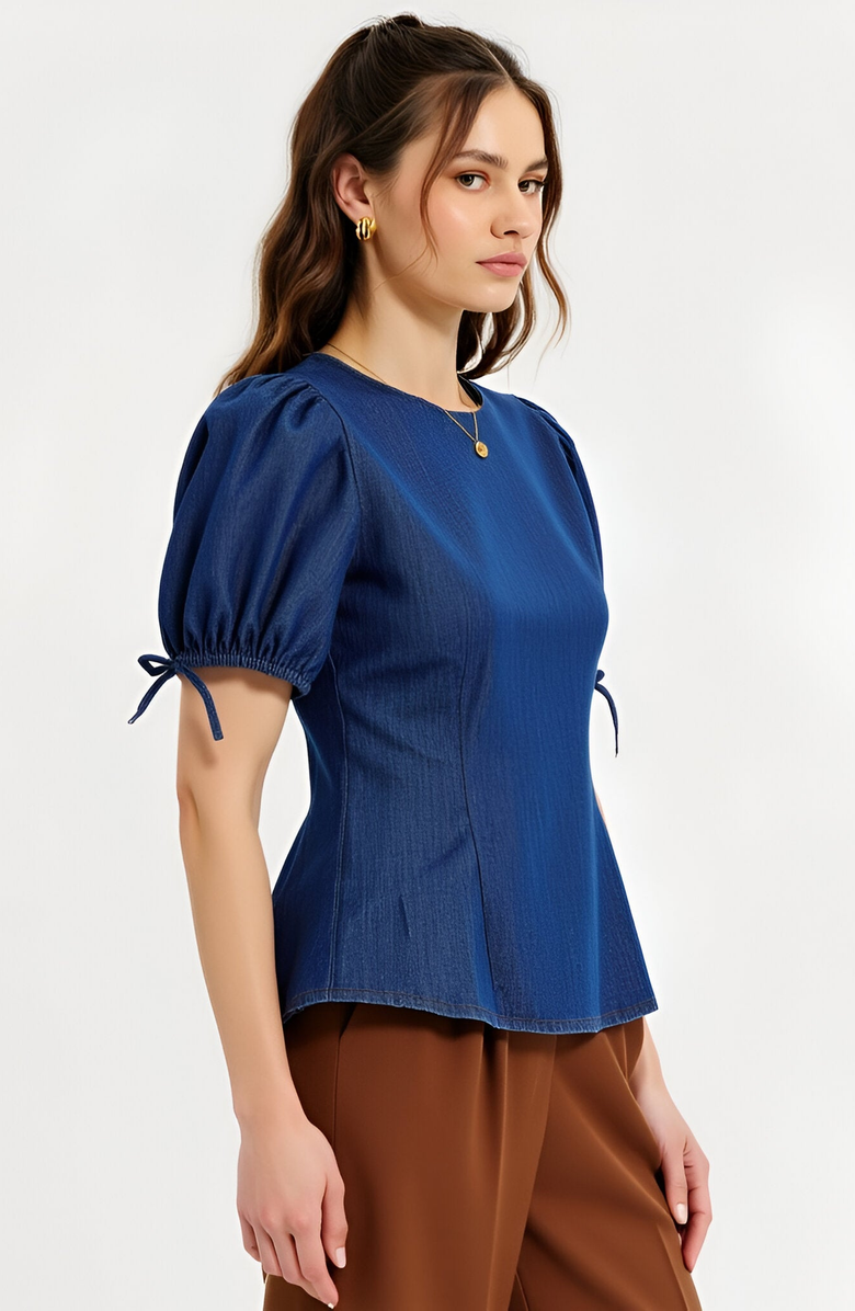 Modenaire Denim Puff Sleeve Top, Alternate, color, Blue