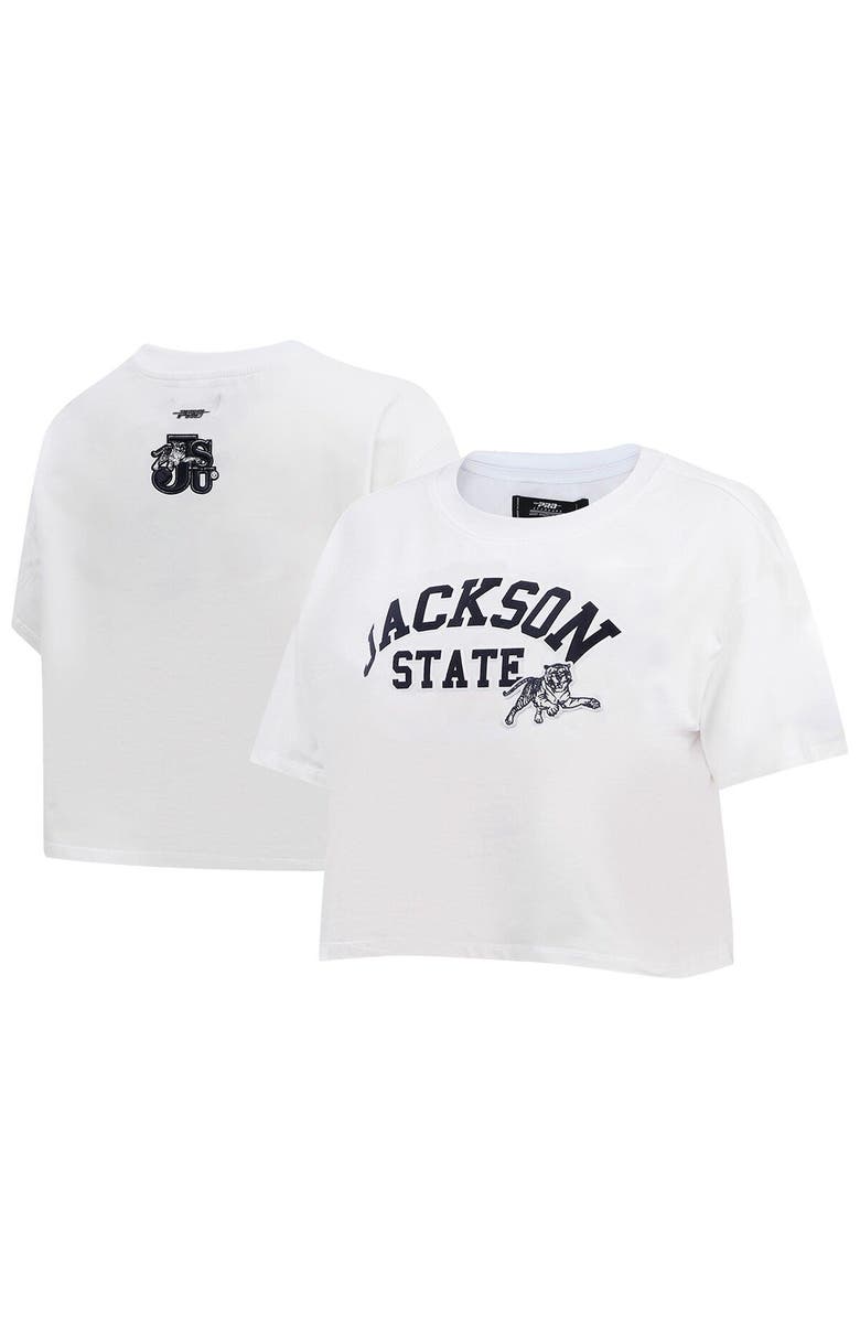 PRO STANDARD Women's Pro Standard White Jackson State Tigers Classic Three-Hit Boxy Cropped T-Shirt, Main, color,