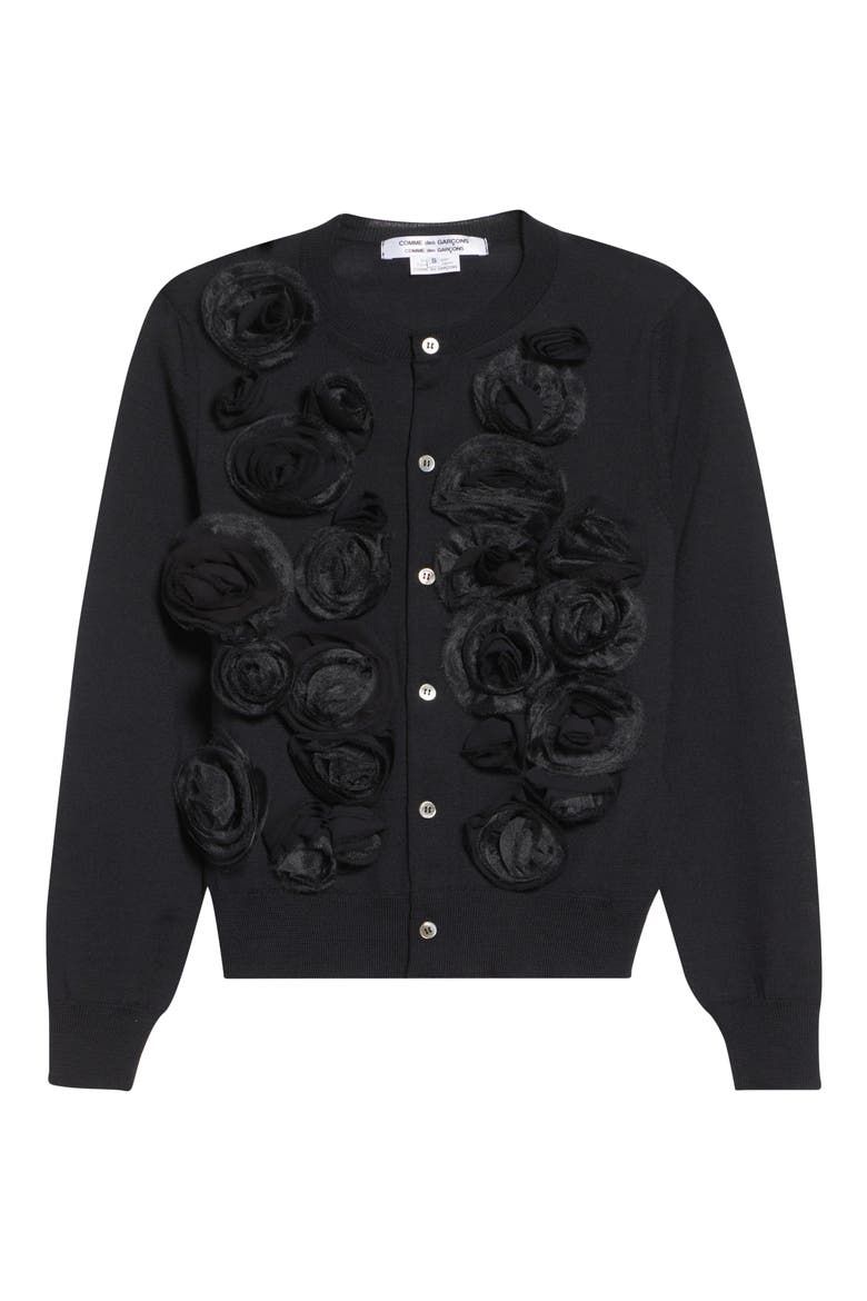 Rosette Appliqué Wool Cardigan, Alternate, color, BLACK