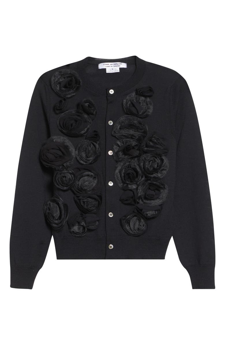 Comme des Garçons Comme des Garçons Rosette Appliqué Wool Cardigan, Main, color, Black