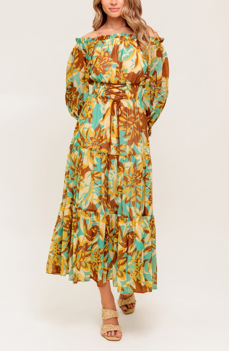 FLYING TOMATO Long Sleeve Tiered Midi Dress, Alternate, color, Brown Mint