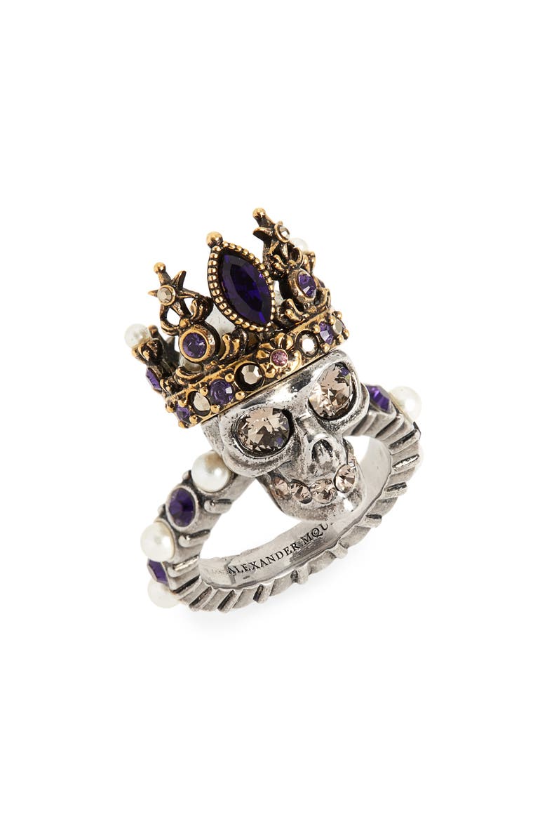 Alexander McQueen Skull Queen Ring, Main, color, GOLD/ PURPLE