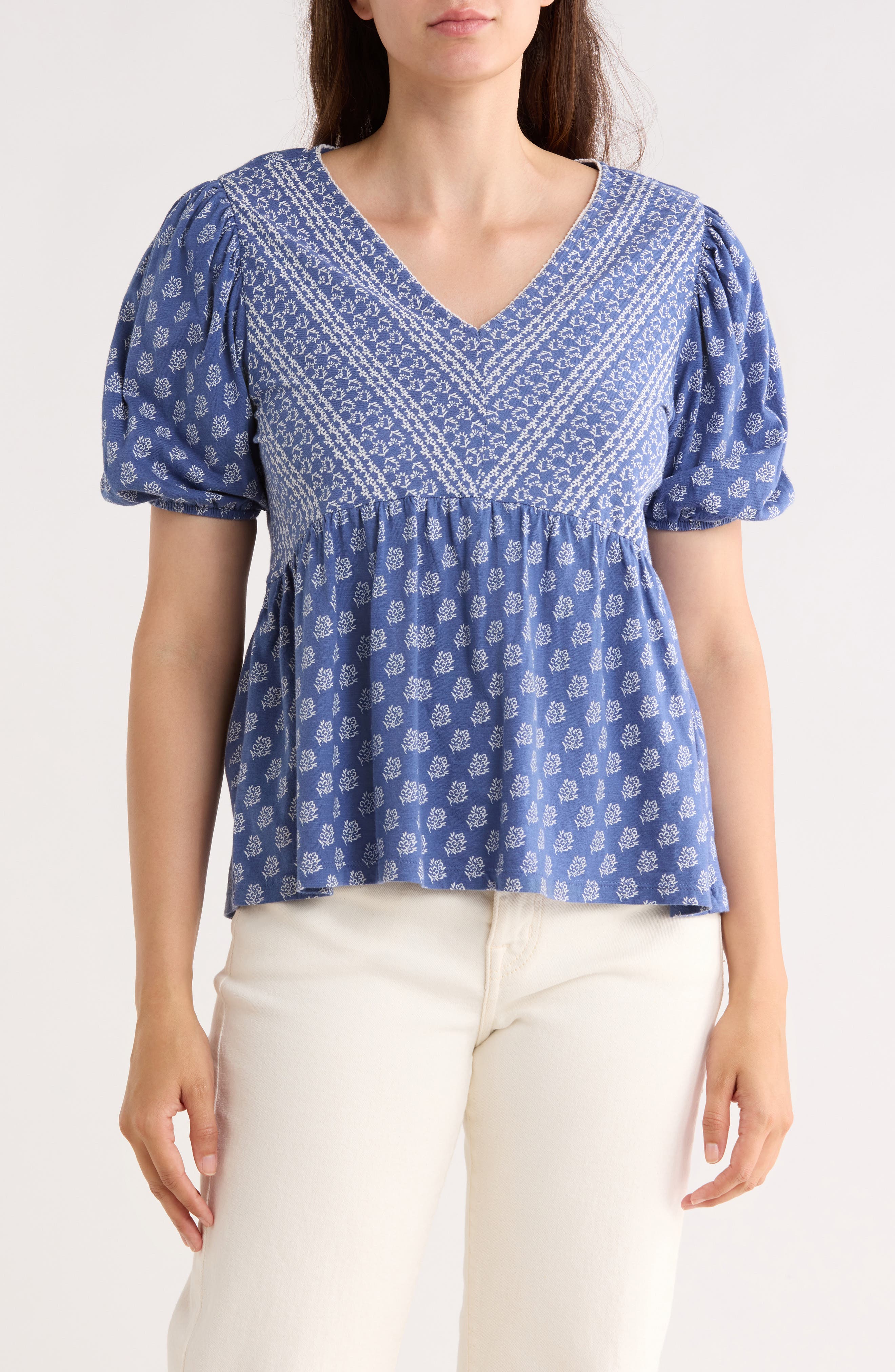 Lucky Brand Mixed Print Puff Sleeve Cotton Babydoll Top