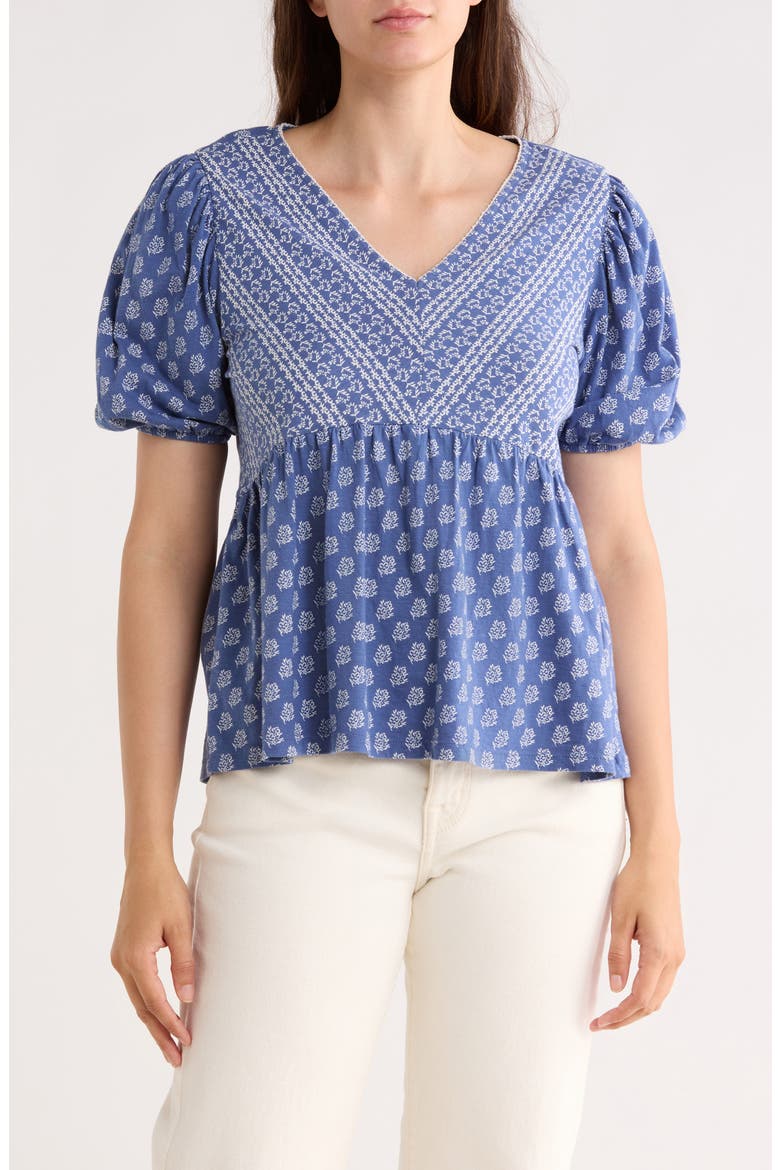Mixed Print Puff Sleeve Cotton Babydoll Top, Main, color, BLUE FLORAL