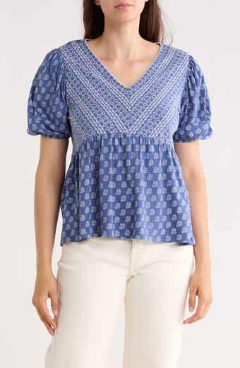Lucky Brand Mixed Print Puff Sleeve Cotton Babydoll Top