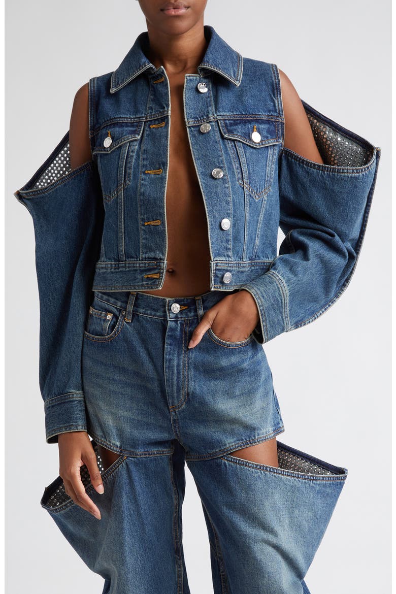 Area Crystal Cutout Sleeve Denim Jacket (Women) | Nordstromrack