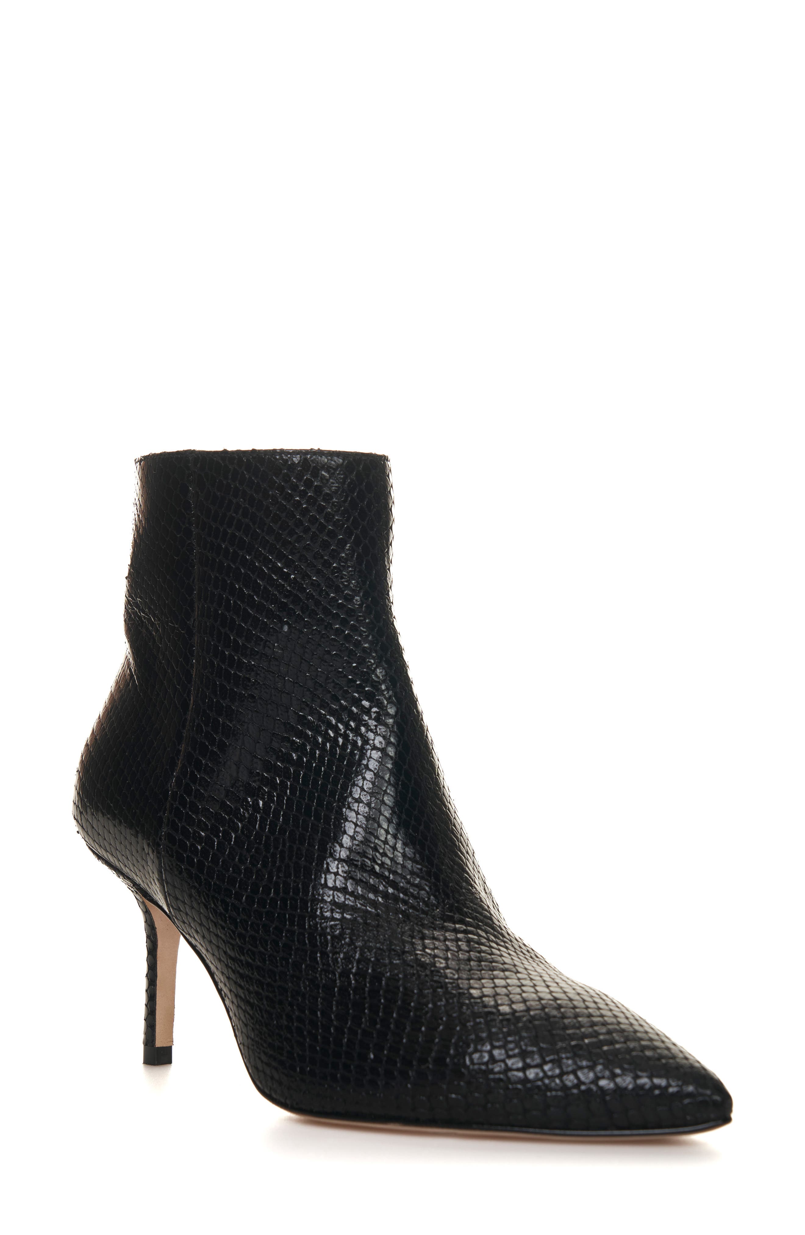 Aimee Pointed Toe Bootie, Main, color, BLACK EMBOSSED LEATHER
