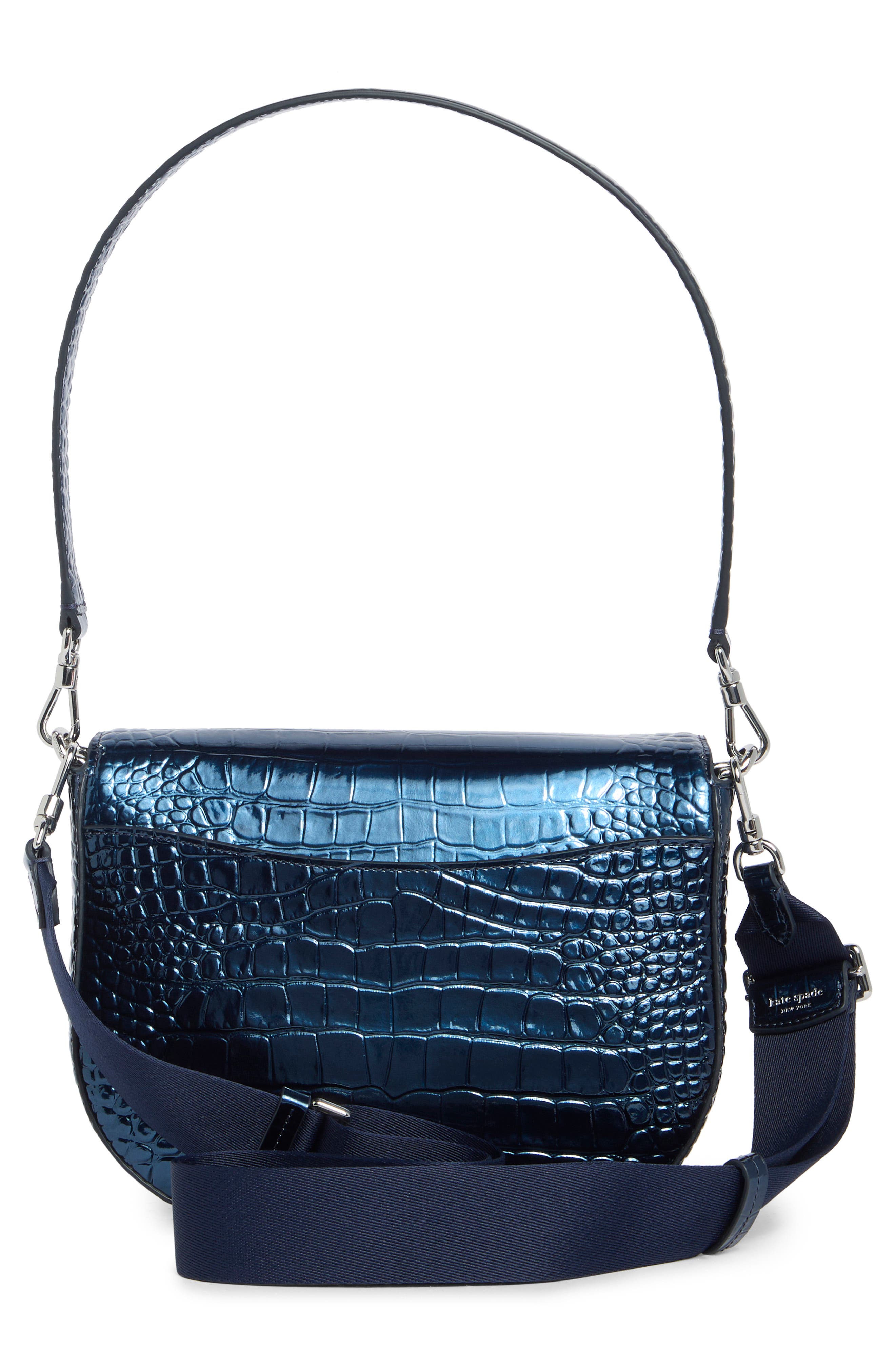 medium croc embossed leather saddle bag, Alternate, color, NAVY