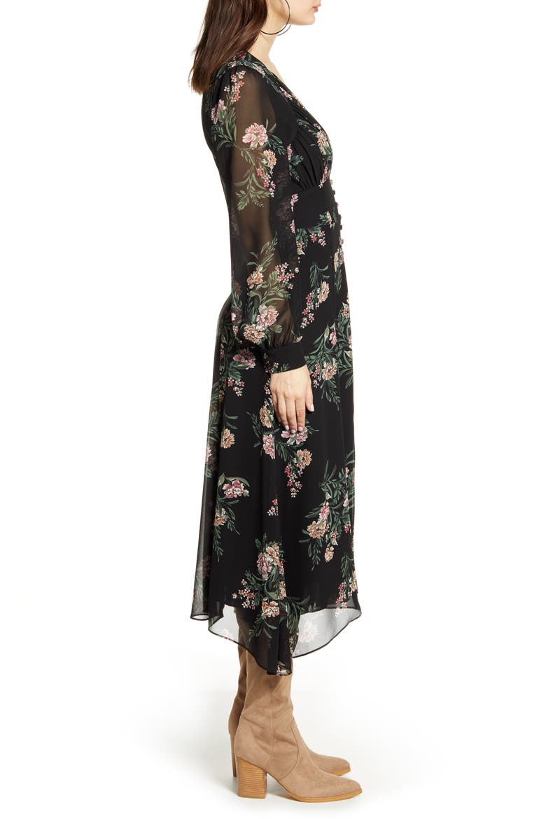 Floral Long Sleeve Midi Dress, Alternate, color, BLACK/ MAUVE MULTI FLORAL