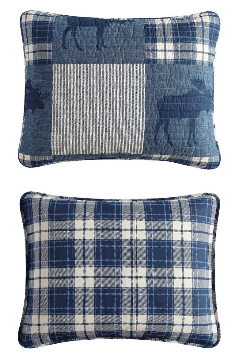 Moose Plaid Pinstripe Patchwork Reversible Quilt & Sham Set, Alternate, color, BLUE MULTI