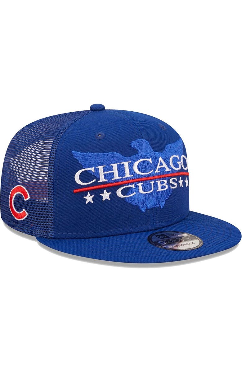 New Era Men's New Era Royal Chicago Cubs Patriot Trucker 9FIFTY Snapback Hat, Main, color, 